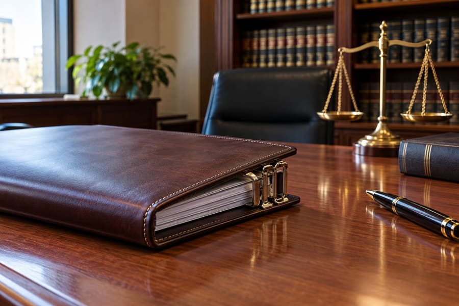 A leather binder of documents and a pen on a polished desk with a brass balance scale and bound books behind.