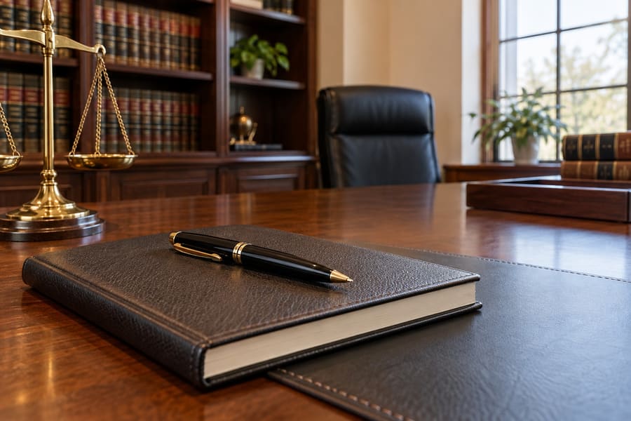 A leather notebook and pen on a wooden desk with a brass balance scale and shelves of bound books behind.