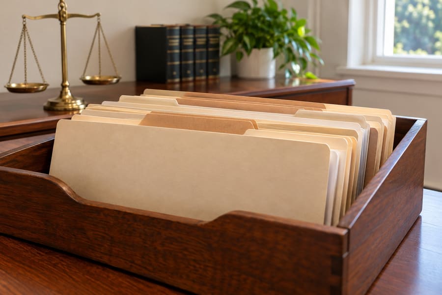 A wooden tray of paper file folders on a desk with a brass balance scale and bound books behind it.